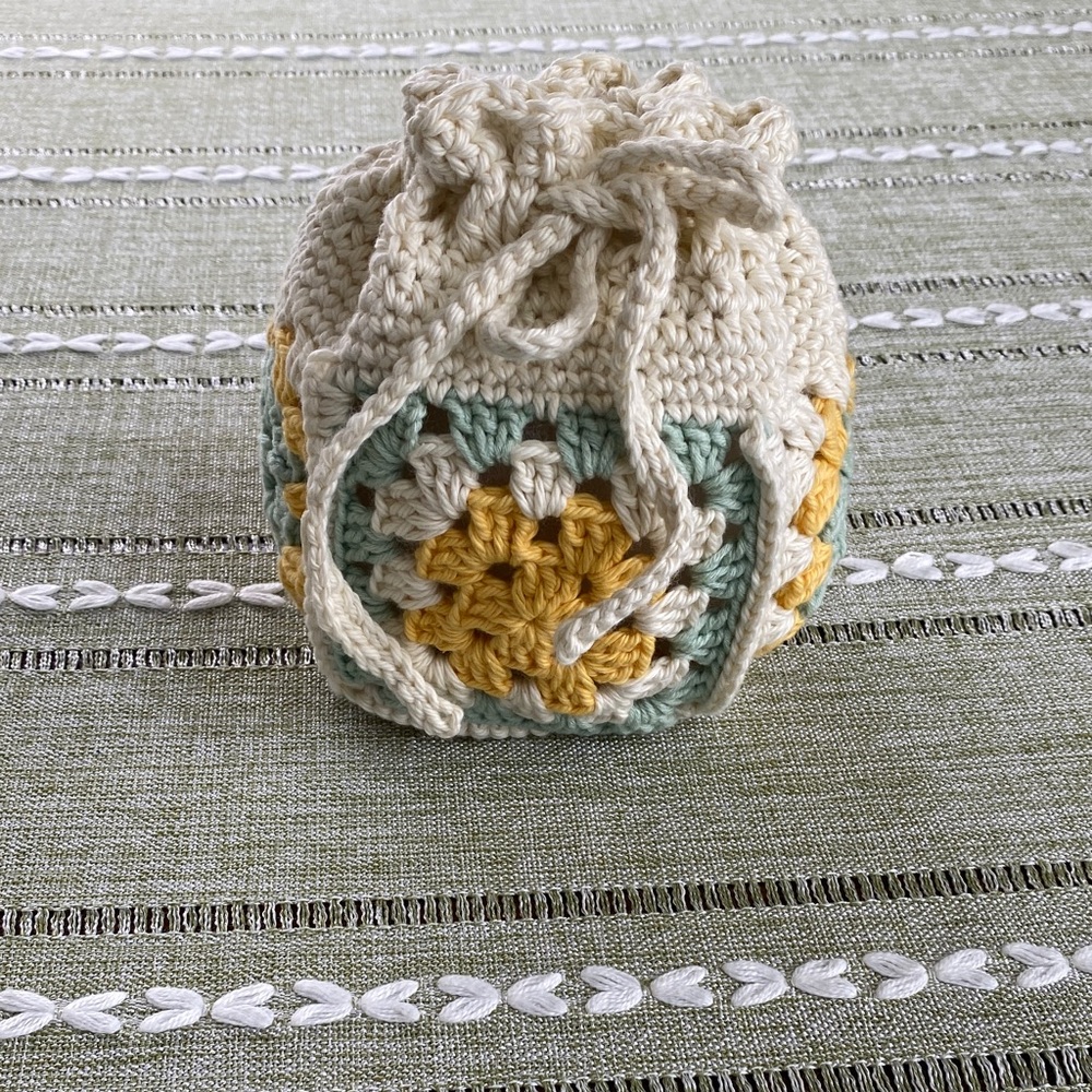 Handmade Cream Crochet Drawstring Bag with Yellow & Sage Accents